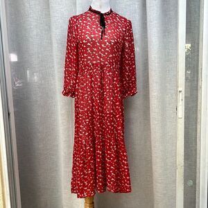 Lucky brand red floral sheer silk dress high neck